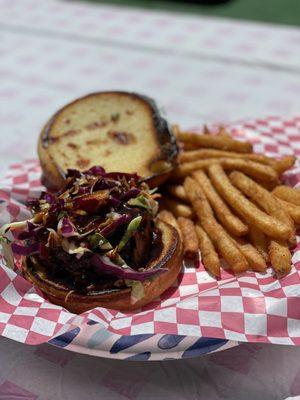 Pulled Pork Sandwich and fries - cooked right, good flavor, crispy fries