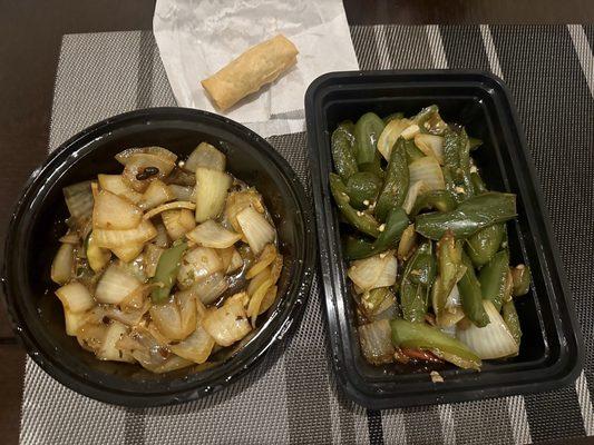 Jalapeno Beef & Hunan Chicken.  Egg roll