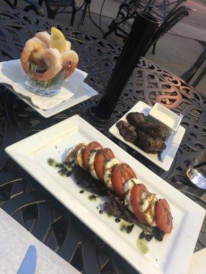 Steak bites, caprese salad, shrimp cocktail