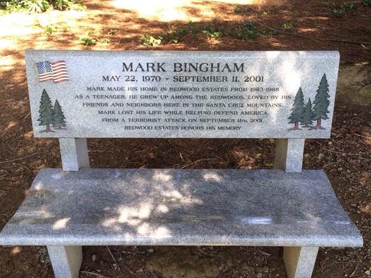 In dedication to Mark Bingham who grew up steps from this Pavilion. At age 31 lost his life 9/11 storming cockpit Flight 93