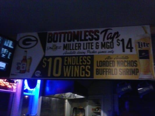 Bottomless Tap Beer n wings during Packers Games