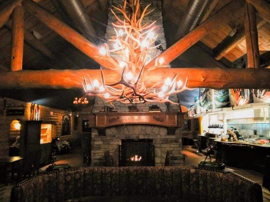 Antler Chandelier and fireplace