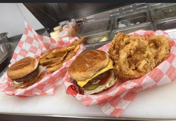 Hamburger with our onion rings & fresh cut fries