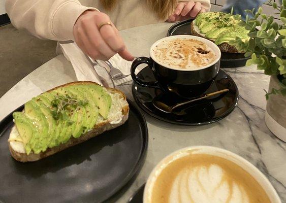 Avocado Toast, Chai Latte, vanilla latte with oat milk