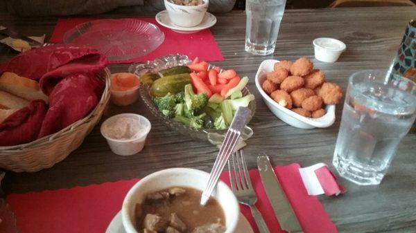 Relish tray and curds with Prime Rib soup.