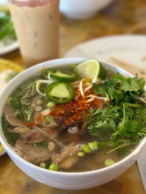 Pho dac biet (small) and a Vietnamese iced coffee.