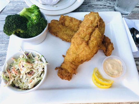 Southern Fried Catfish Cazs Spicy Slaw and it is spicy! Fresh (really fresh) Steamed Broccoli