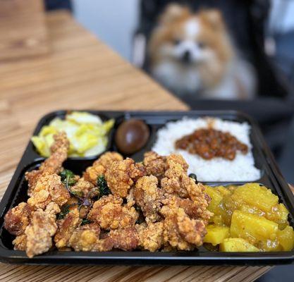 #R4 Popcorn Chicken Bento w/ daily sides, soy egg, minced pork rice | $16.28