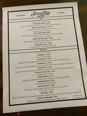 Menu of beers