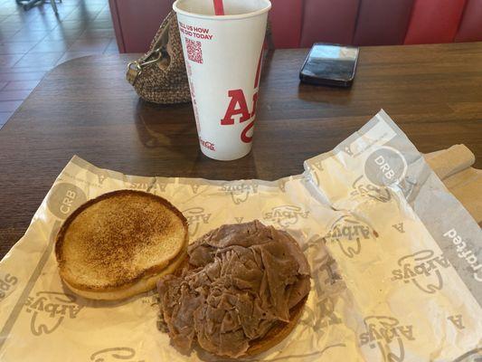 My classic roast beef sandwich. It served with just the bread and roast beef. There are several sauces available.