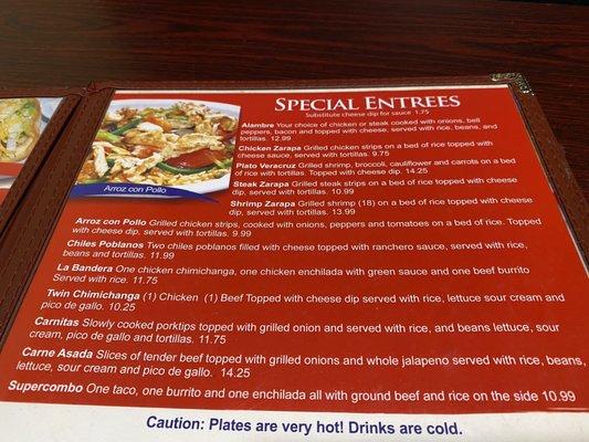 Special entrées on menu