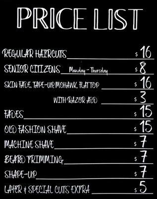 Price List, Regular Haircuts, Senior Rate, Skin Fade, Shaves, Beard, Trims, Buzz, Styled Cut