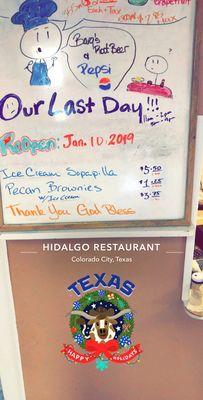 December 22, 2018: our last hours. Merry Christmas and blessing for the Ney Year! From your mexican family at Hidalgo Restaurant.