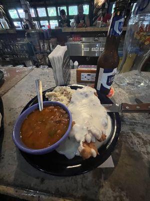 Chicken Fried Chicken, mashed potatoes and beans