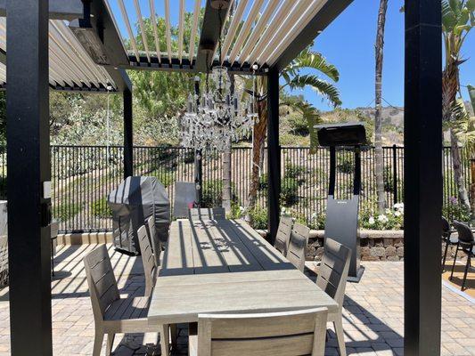 Smart patio system structure with restoration hardware chandelier!