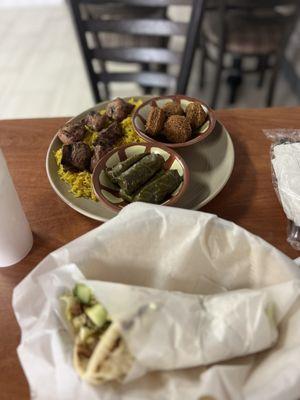 Falafel pita and lamb dinner with saffron rice, falafel and stuffed grape leaves