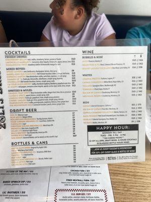 Drink menu and happy hour deals