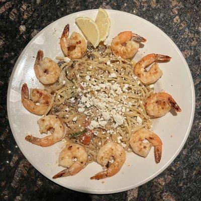 Pasta Dinner Special with Grilled Tiger Shrimp & Feta Cheese