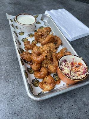 Island shrimp- fried spicy and sweet with ranch sauce and slaw