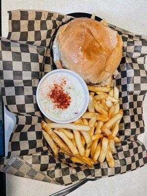 Turkey sandwich with fries and slaw