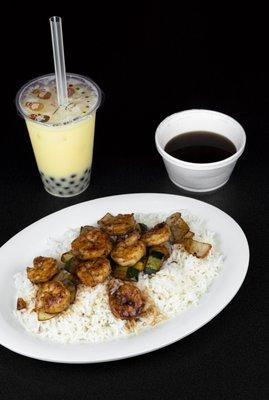 Hibachi shrimp with white rice.  And a bubble tea