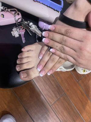 Gel French pedi with solar pink and white nails