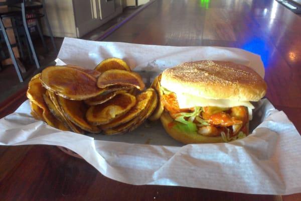 Buffalo chicken burger with home chips:)