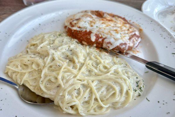 Veal Parmigiana with Alfredo spaghetti