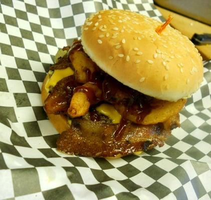 A special my friend got - BBQ Bacon Cheeseburger, with fried onions!