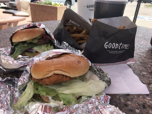 Spicy Chicken Sandwich and Guacamole Bacon Burger