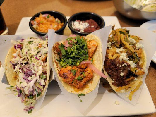 Taco Trio - from left Oaxaca Shrimp, AL Pastor and Beef Tenderloin