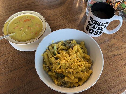 Build-your-own Mac and Cheese with broccoli and mushrooms, and a bowl of vegan corn chowder.