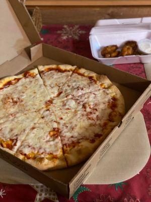 Extra cheese pizza and wings.