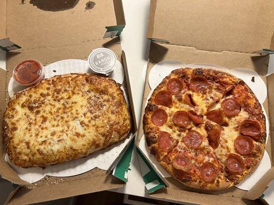 Pepperoni Pizza  and cheesy bread