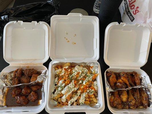 Boneless wings, Cajun (top) Korean BBQ (bottom) buffalo chicken frys and traditional wings, Honey hot (top) sweet chili (bottom)