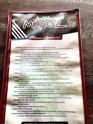 9/27/24 menu MICHOZ Lebanese Restaurant appetizers