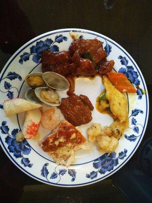 Baked Salmon,  Clams,  Mongolian beef,  Pork,  Baked seafood,  Salt and pepper shrimp