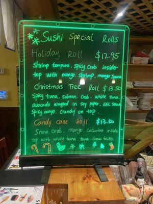 Christmas Day sushi roll specials.  Yum!