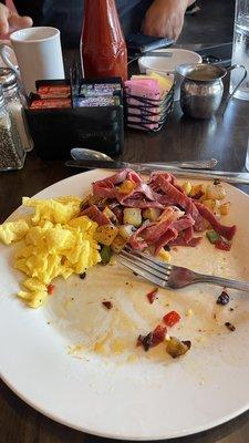 Corned beef hash with scrambled eggs