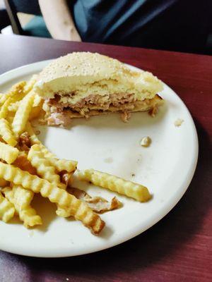 Chicken cordon Bleu sandwich. Cut in half because it's huge.