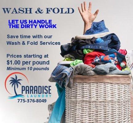 Wash and Fold services available at Paradise Laundry, starting at $1.00 per pound.