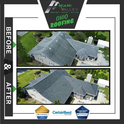 Close-up before and after of a roof installation with CertainTeed Landmark Pro AR - Max Def Moire Black shingles by Miami Valley Roofing