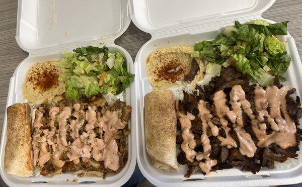 Chicken Shawarma Plate (left), Lamb Shawarma Plate (right)