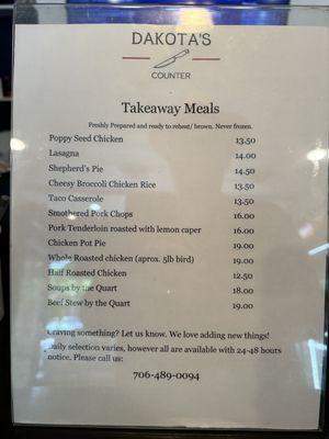 Takeaway meal menu