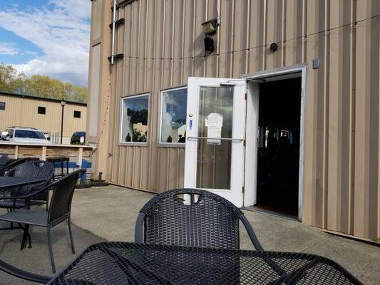 Patio looking at parking lot and building