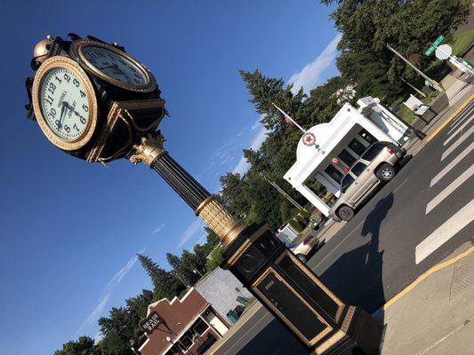 The magnificent hand-crank clock on Rosalia's Main Street