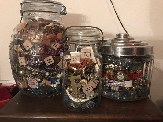 Jewelry jars, with watches, necklaces, earrings, bracelets etc