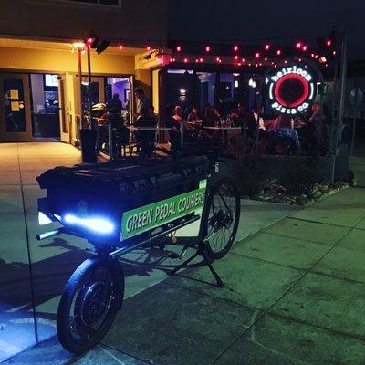 Delivery from Heirloom Pizza Co. all by bicycle from 5pm-10pm open everyday except Tuesdays!