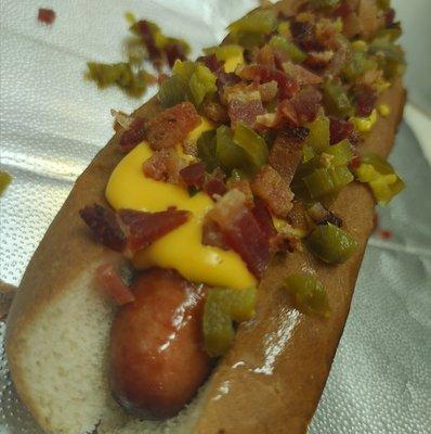 The Snoop (Dog): a natural casing hot dog with cheese, bacon, and pickled jalapenos