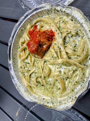 Fettuccini with Pesto Alfredo Sauce and a meatball. Delicious.